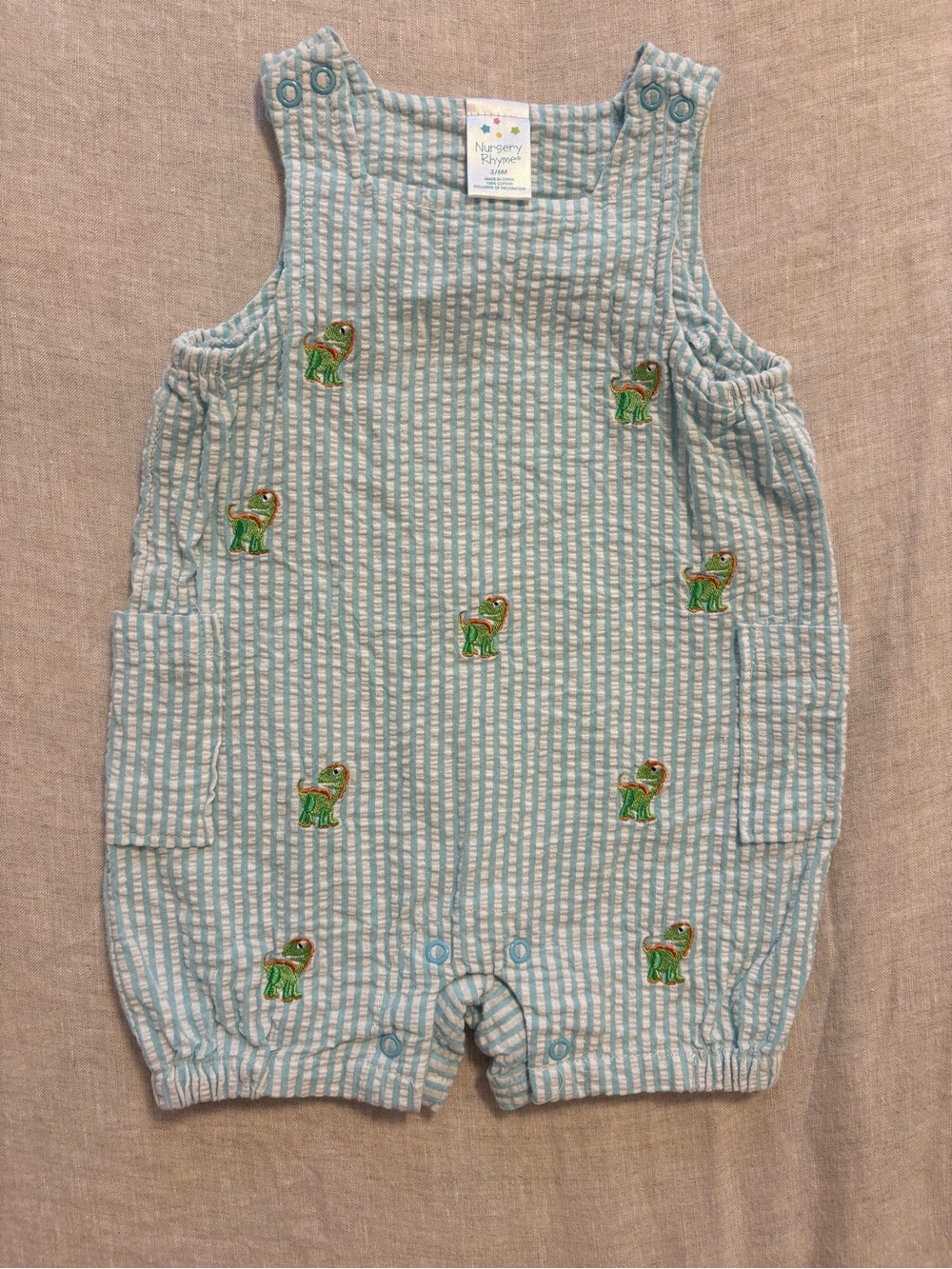 Nursery Rhyme Baby Boy Blue Seersucker Dinosaur Embroidered Romper 3-6M